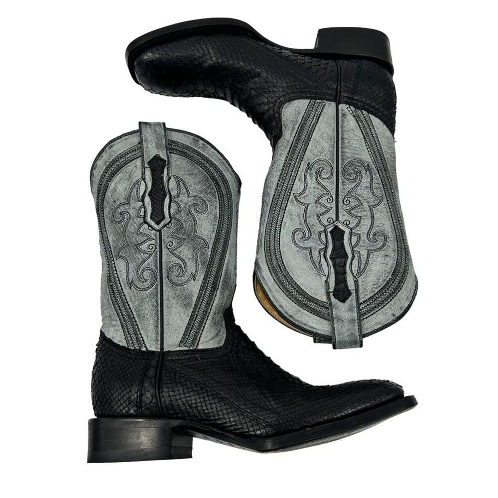 Vaccari Mens Cowboy Western Boots Black Leather Pull On Stitched Python 7 EE